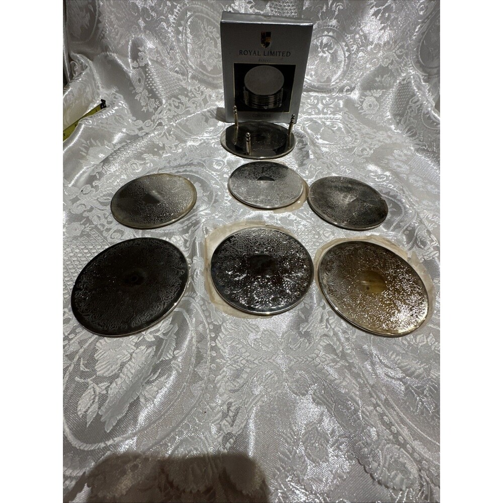 Vintage royal Limited hong kong coasters w caddy silver color set 6 New Old Stk